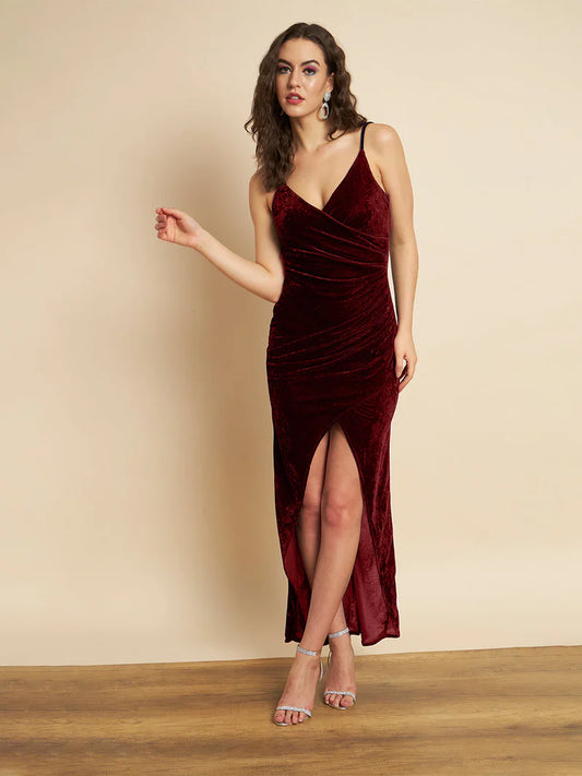 Maroon Velvet Glam Maxi Dress